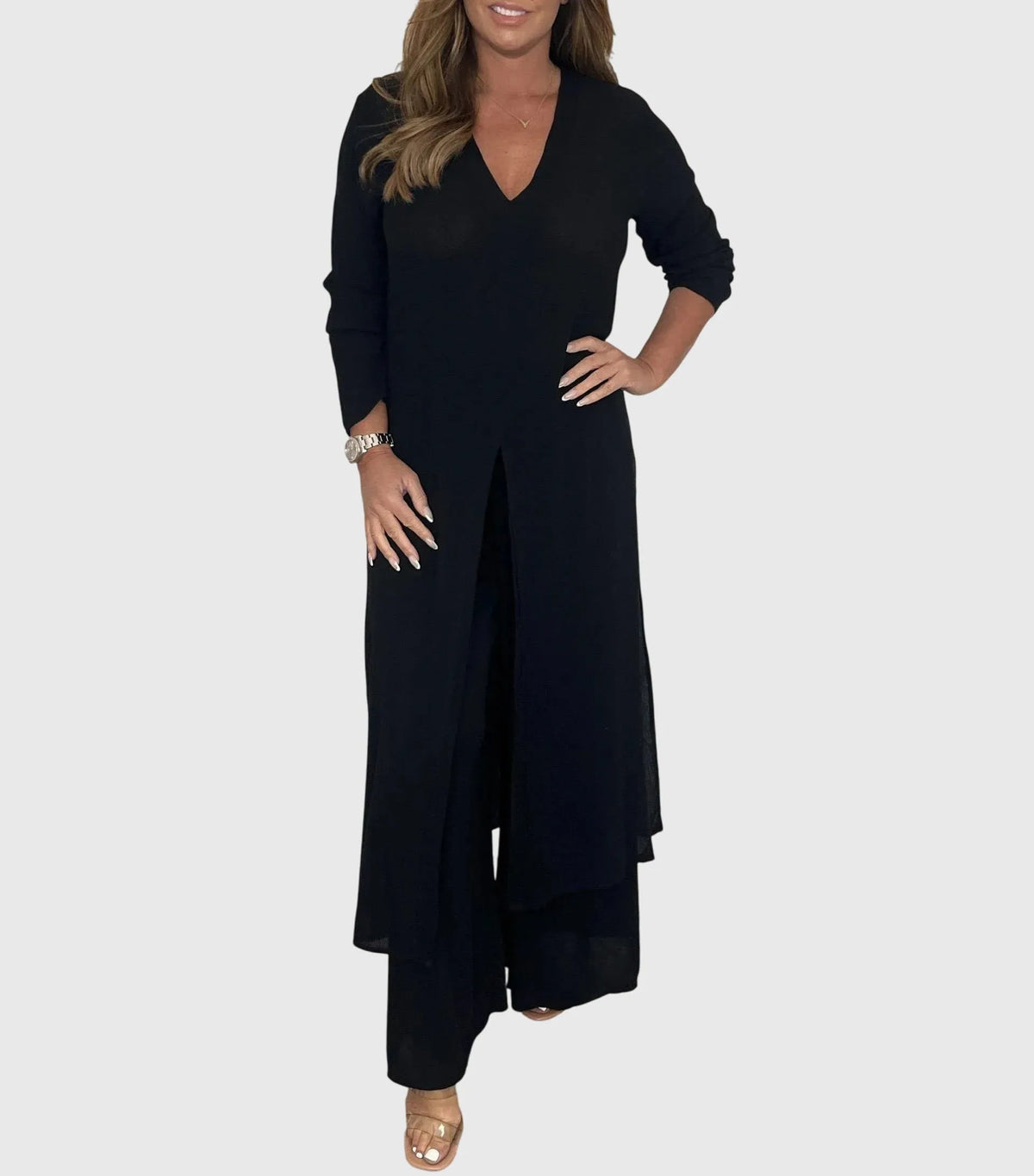 Women's Duster Cardigan Two-Piece Set Wide Leg Pants