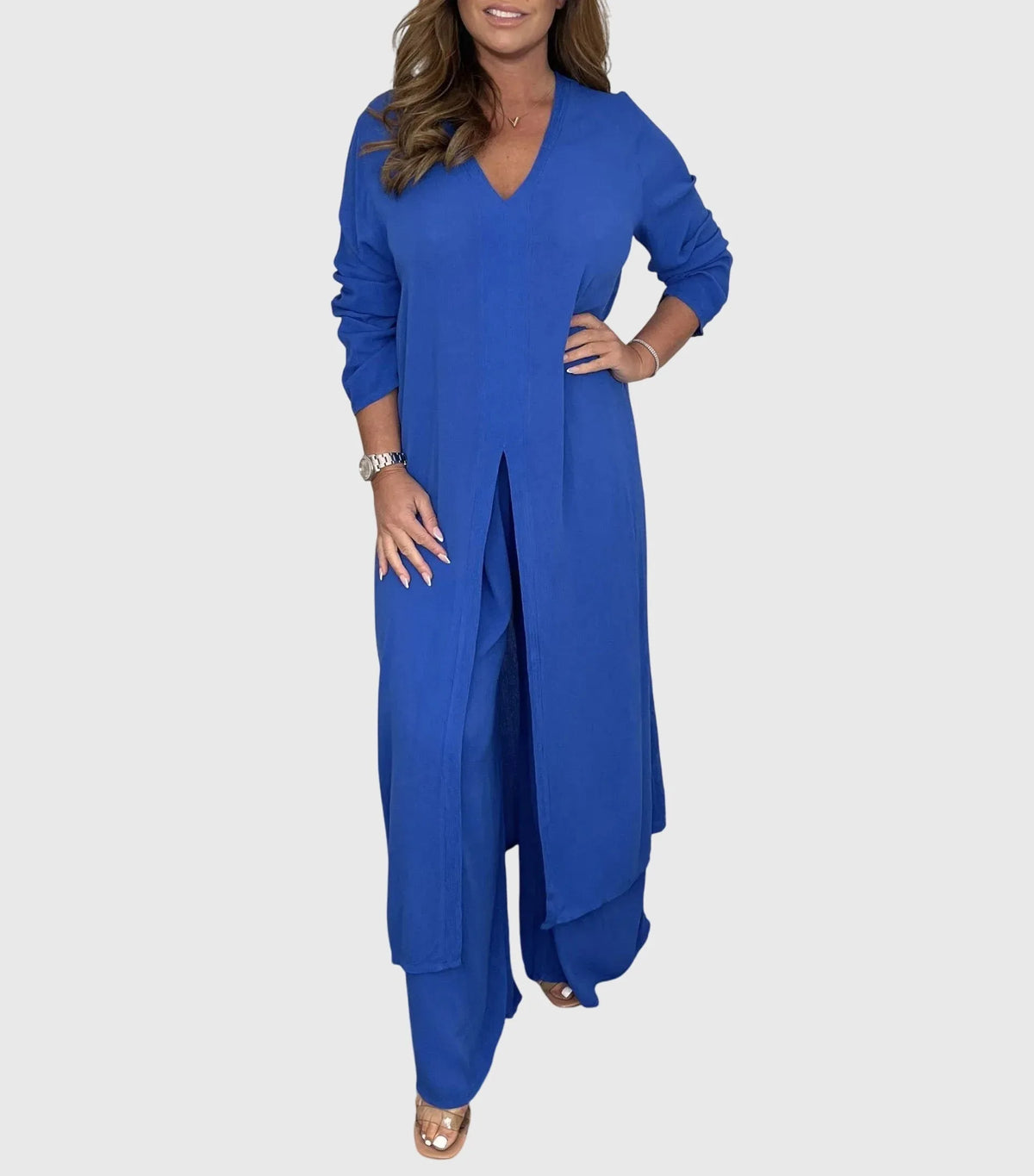 Women's Duster Cardigan Two-Piece Set Wide Leg Pants