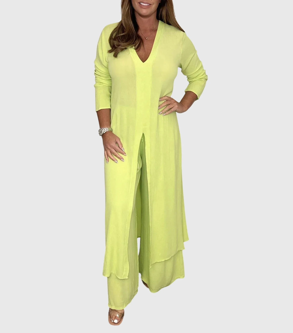 Women's Duster Cardigan Two-Piece Set Wide Leg Pants