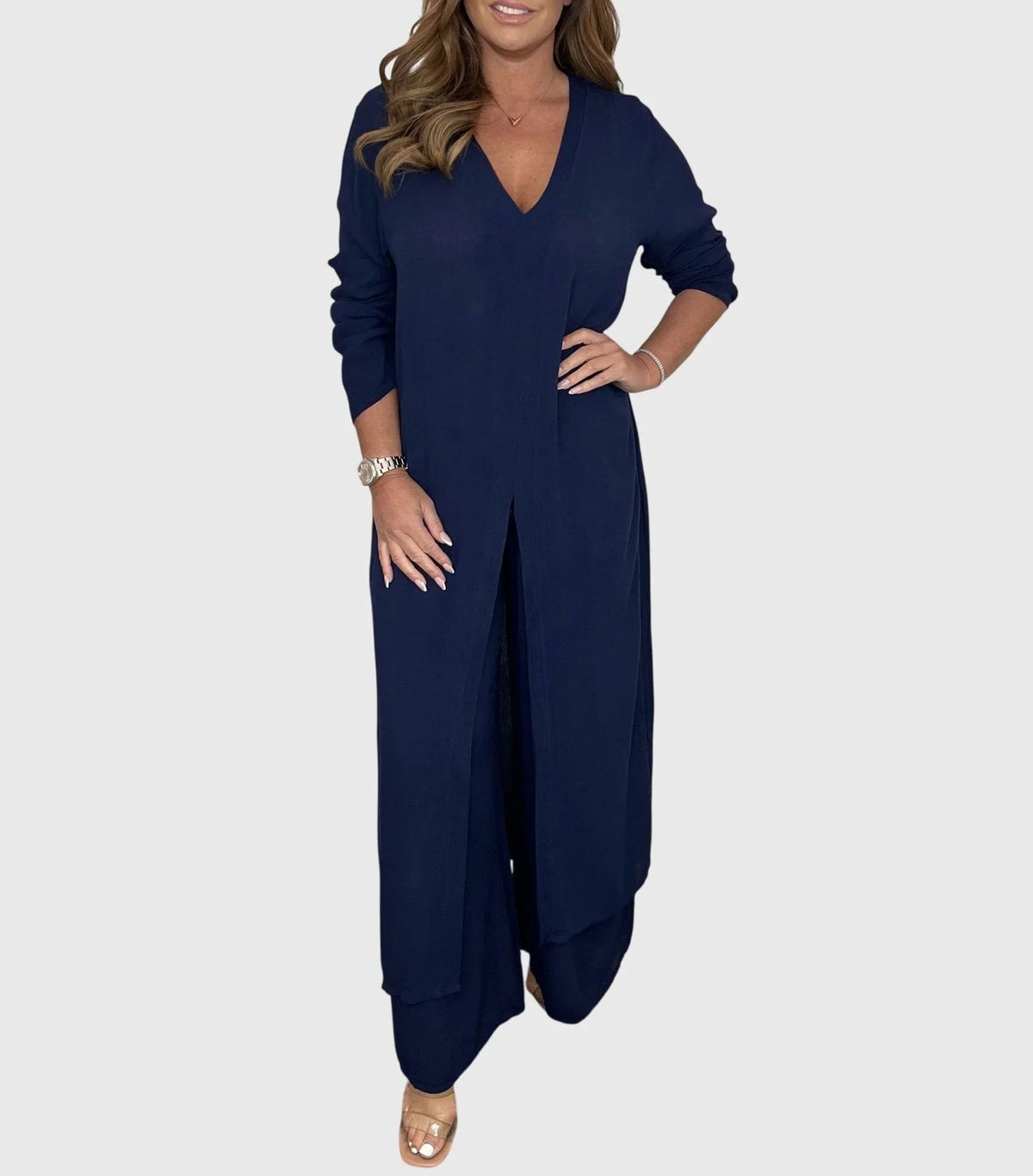 Women's Duster Cardigan Two-Piece Set Wide Leg Pants