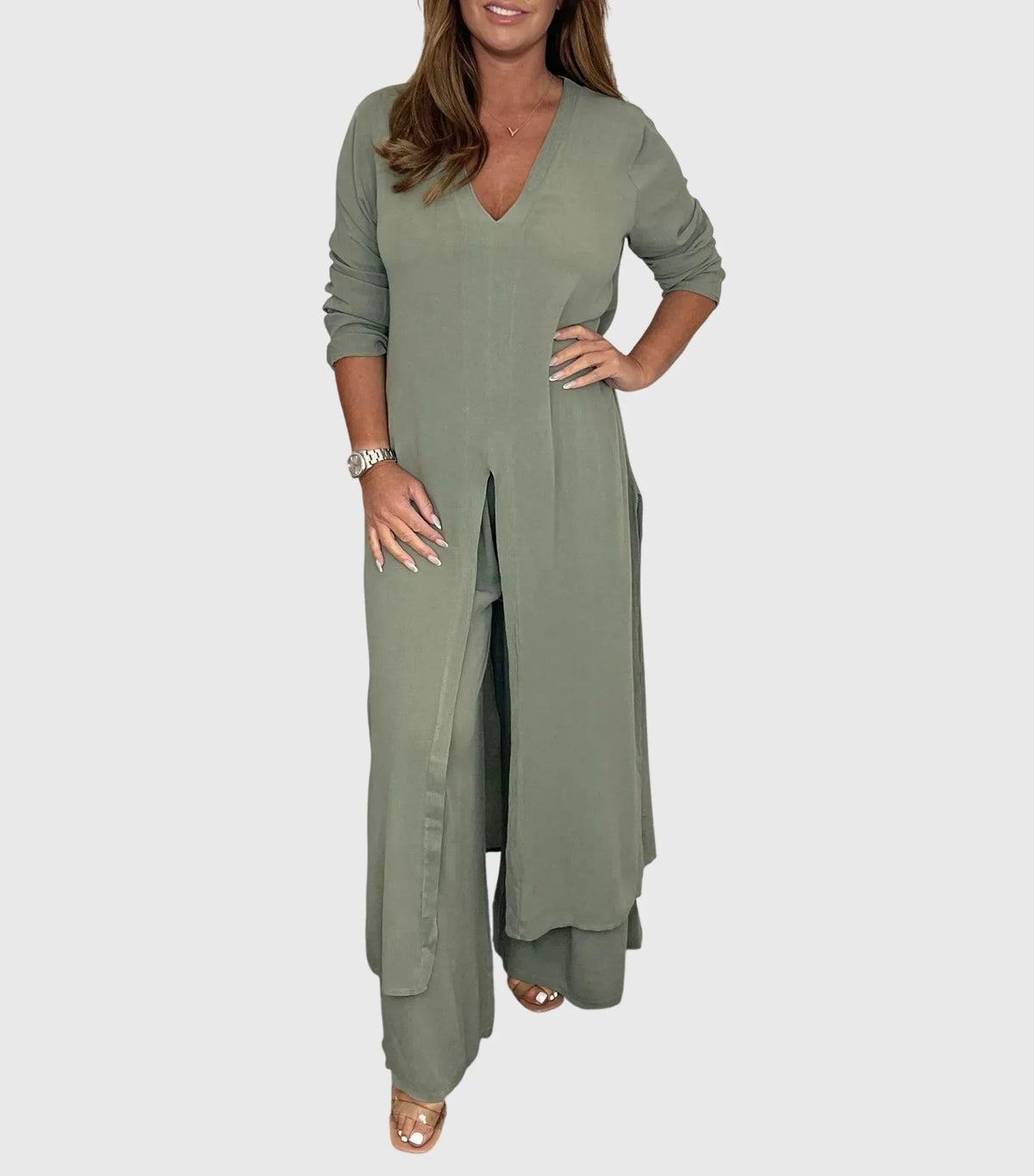 Women's Duster Cardigan Two-Piece Set Wide Leg Pants