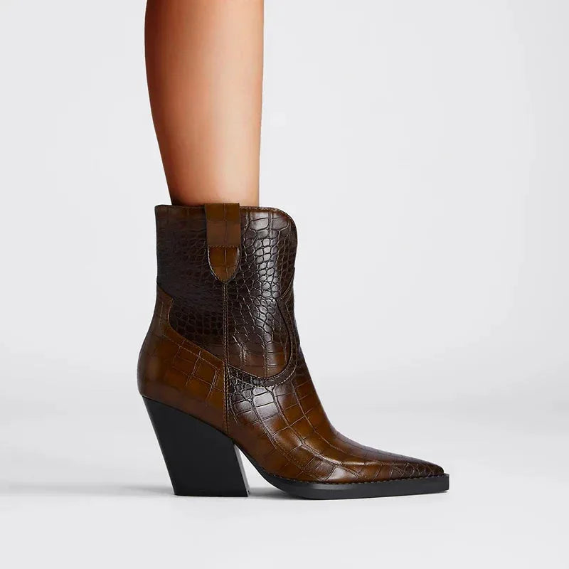 Women's faux leather ankle boots with crocodile embossed