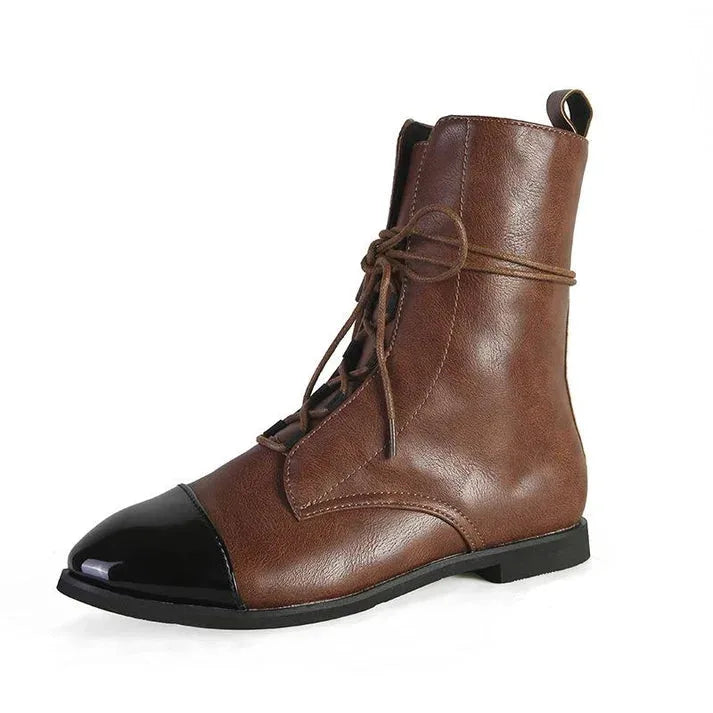 Women's faux leather lace-up ankle boots with two-tone toe cap