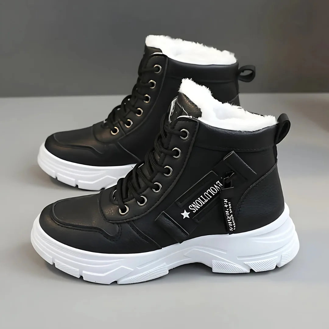 Women's faux leather lace-up combat boots with fur lining