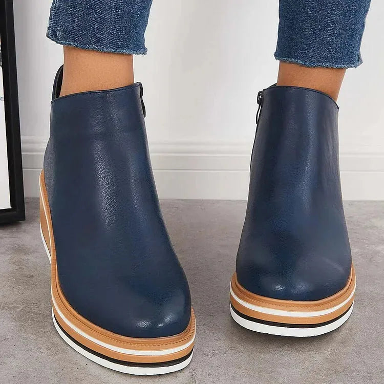 Women's faux leather side zip ankle boots with wedge platform sole