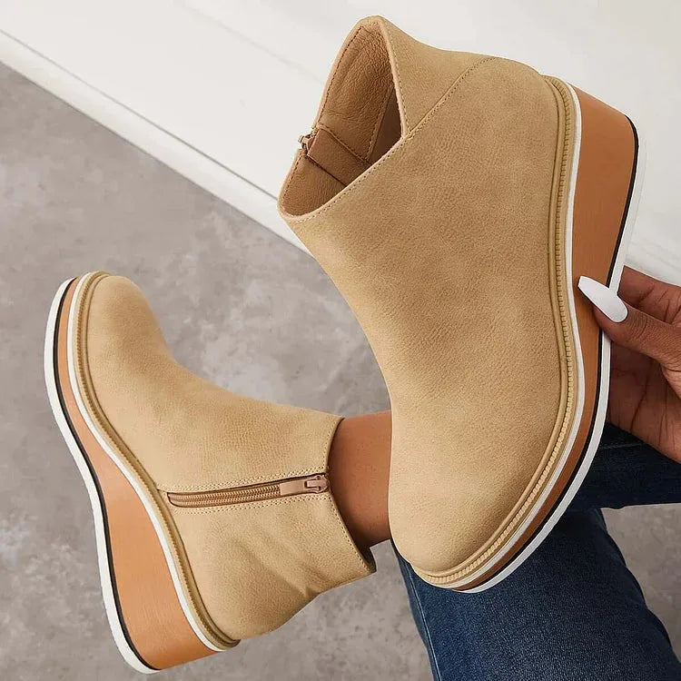 Women's faux leather side zip ankle boots with wedge platform sole