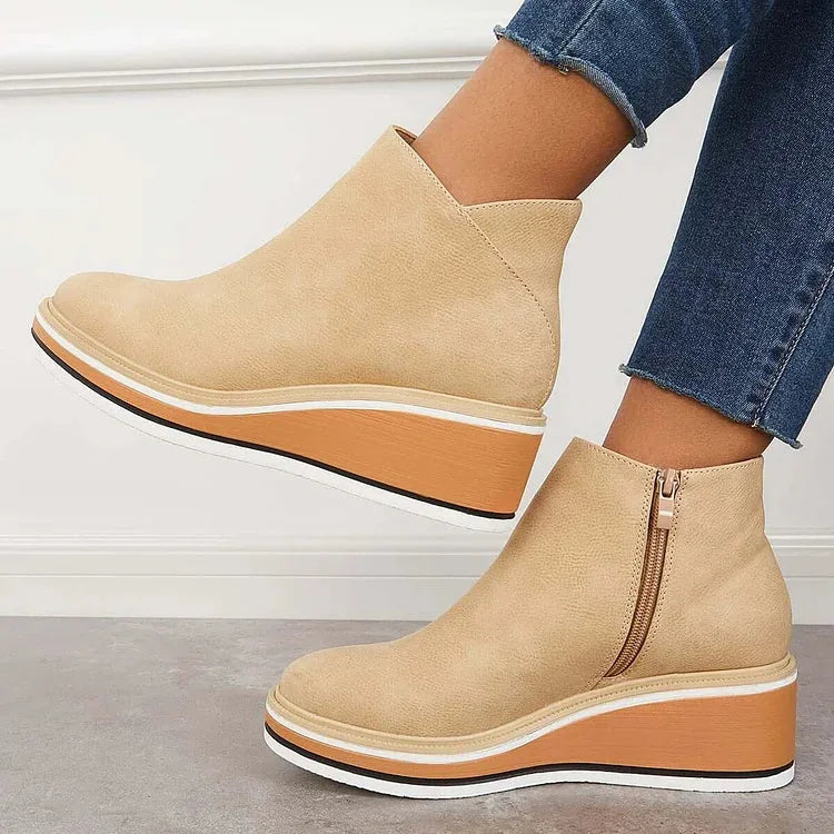 Women's faux leather side zip ankle boots with wedge platform sole