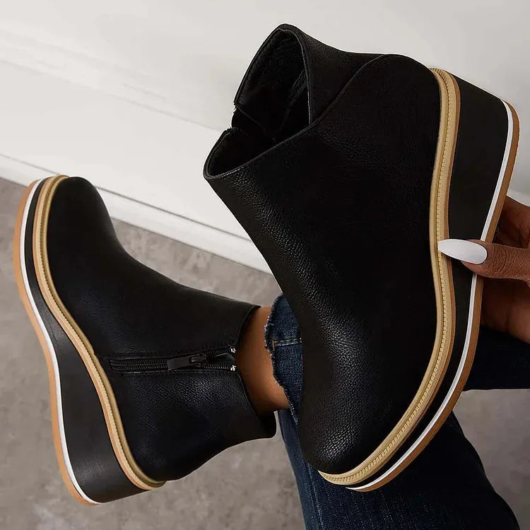 Women's faux leather side zip ankle boots with wedge platform sole