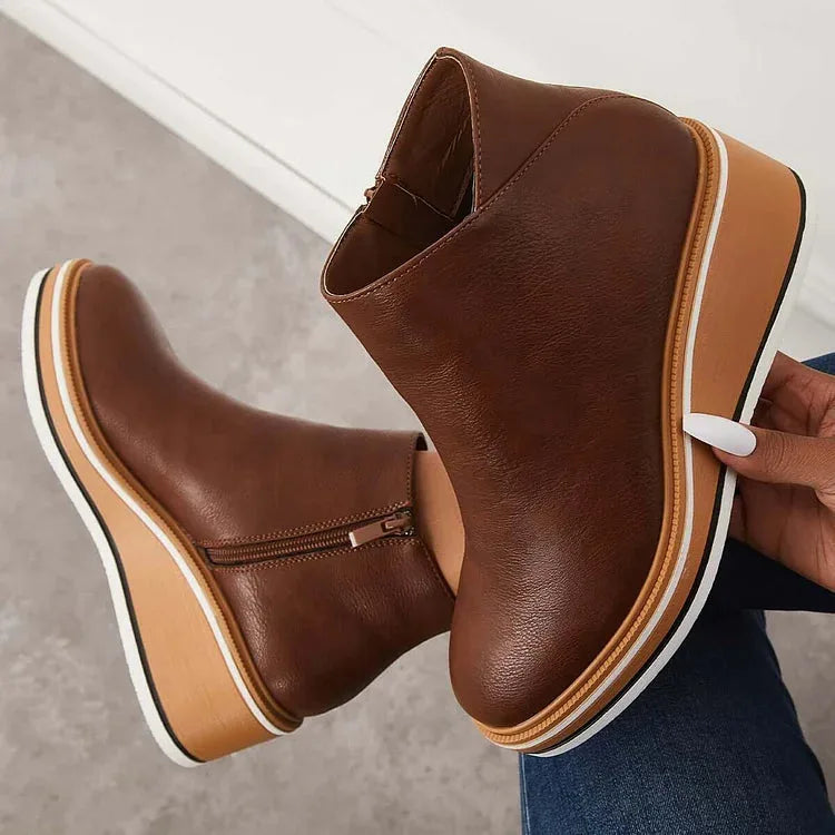 Women's faux leather side zip ankle boots with wedge platform sole