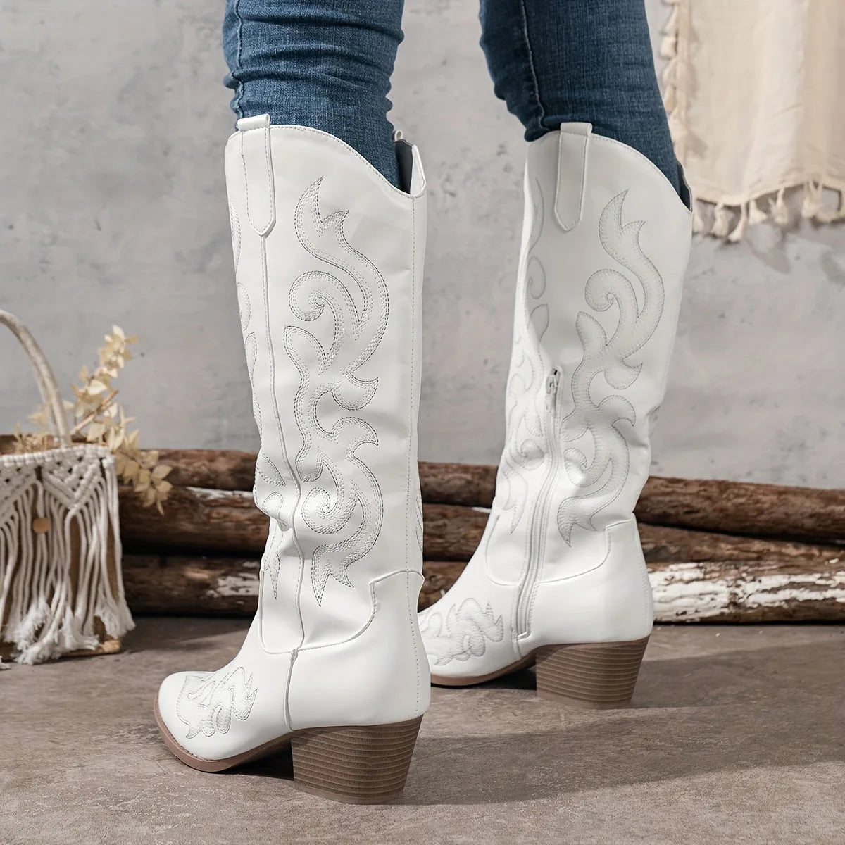 Women's faux leather side zip knee high boots with block heel