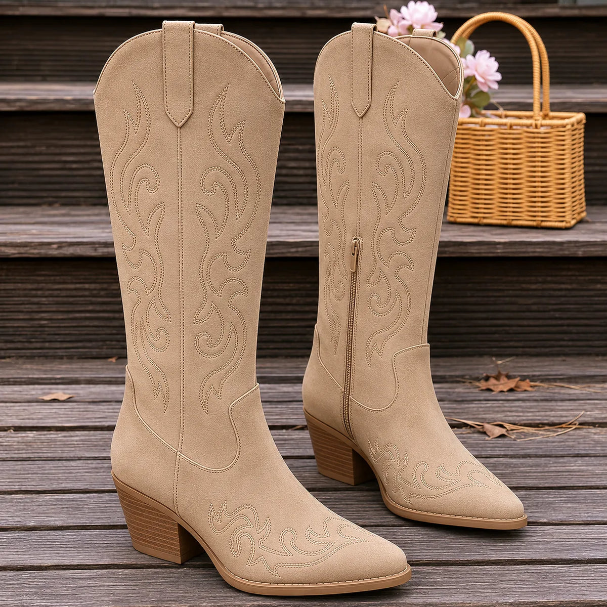 Women's faux leather side zip knee high boots with block heel