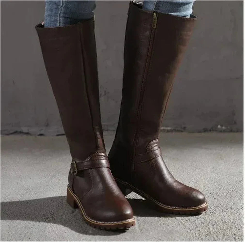 Women's faux leather side zip knee high boots with buckle strap and block heel
