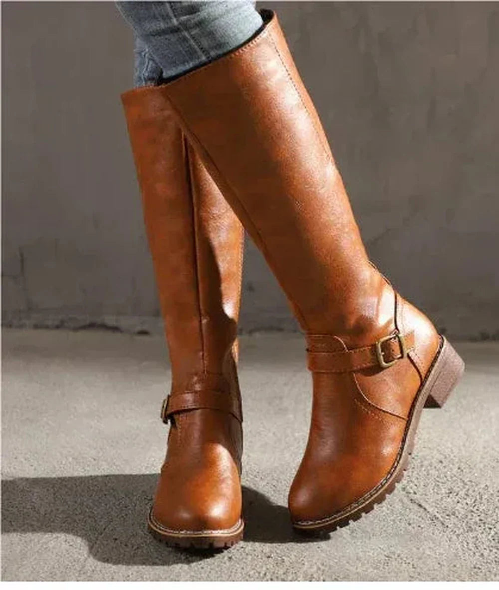 Women's faux leather side zip knee high boots with buckle strap and block heel