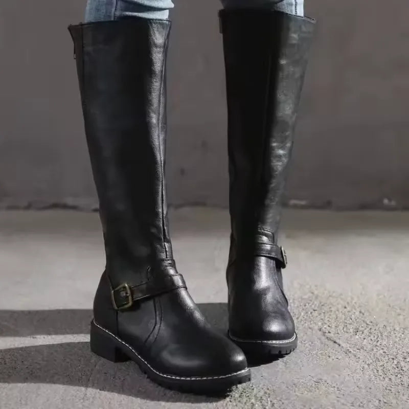 Women's faux leather side zip knee high boots with buckle strap and block heel