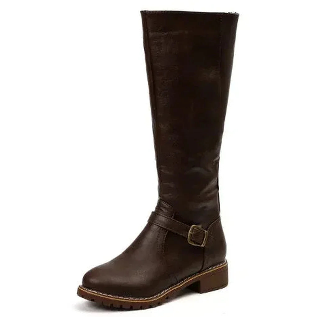Women's faux leather side zip knee high boots with buckle strap and block heel
