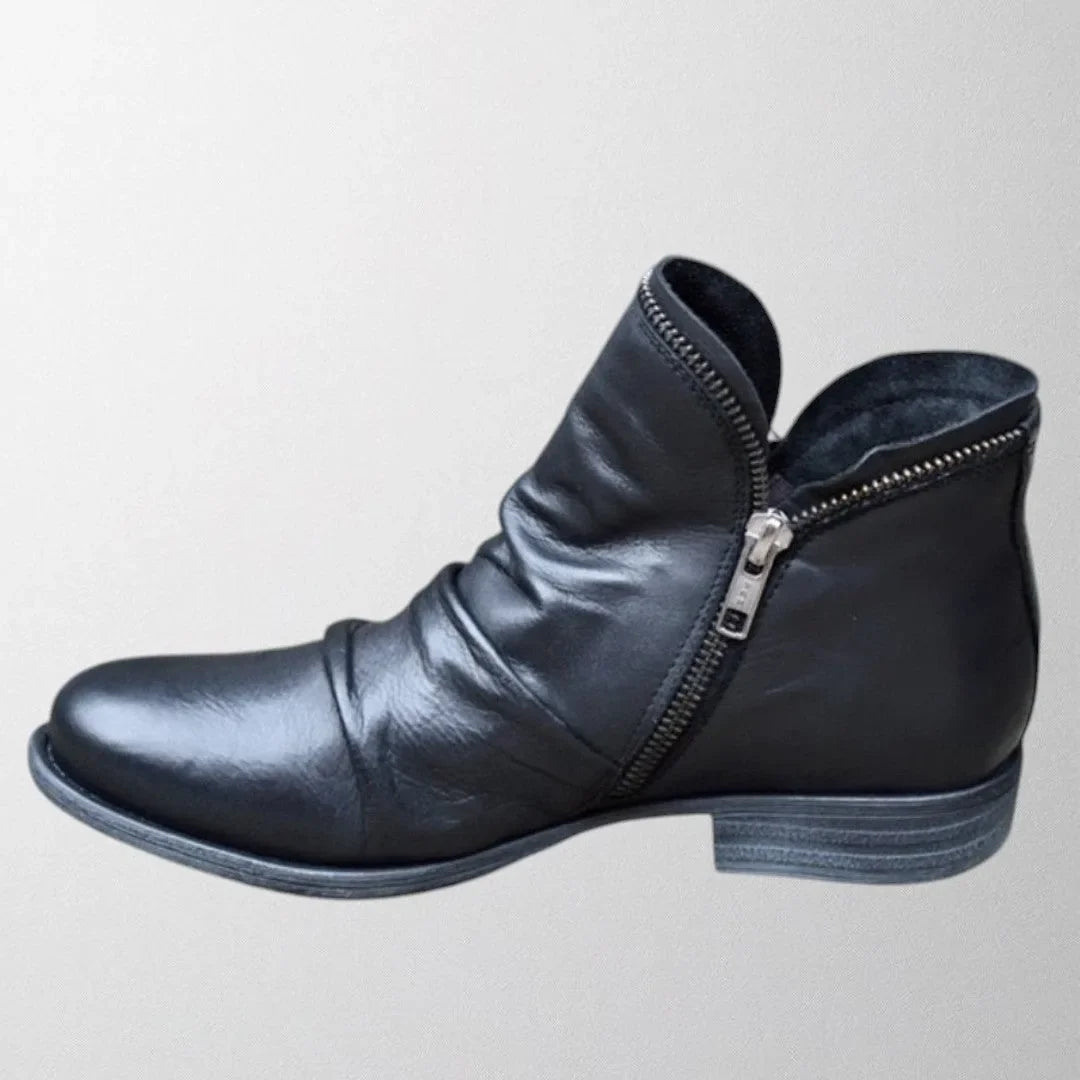 Women's faux leather side zip orthopedic ankle boots with ruched shaft