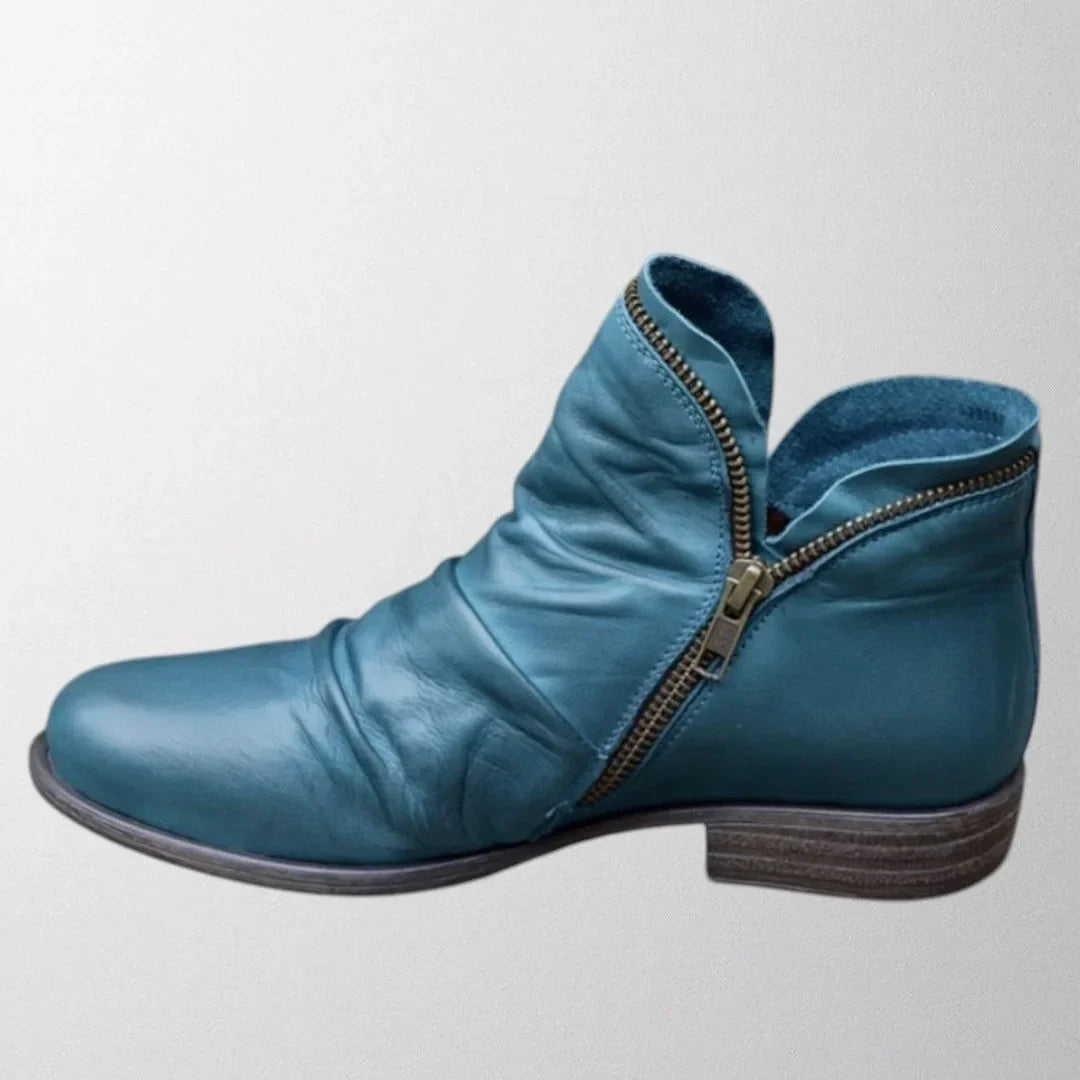 Women's faux leather side zip orthopedic ankle boots with ruched shaft