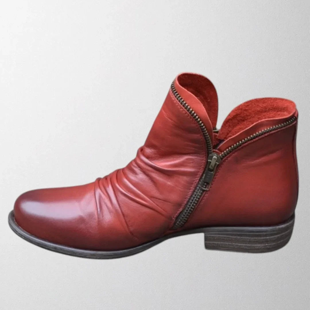 Women's faux leather side zip orthopedic ankle boots with ruched shaft