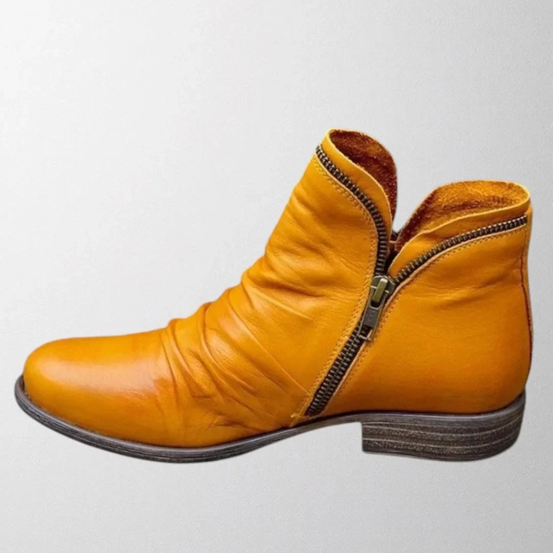 Women's faux leather side zip orthopedic ankle boots with ruched shaft