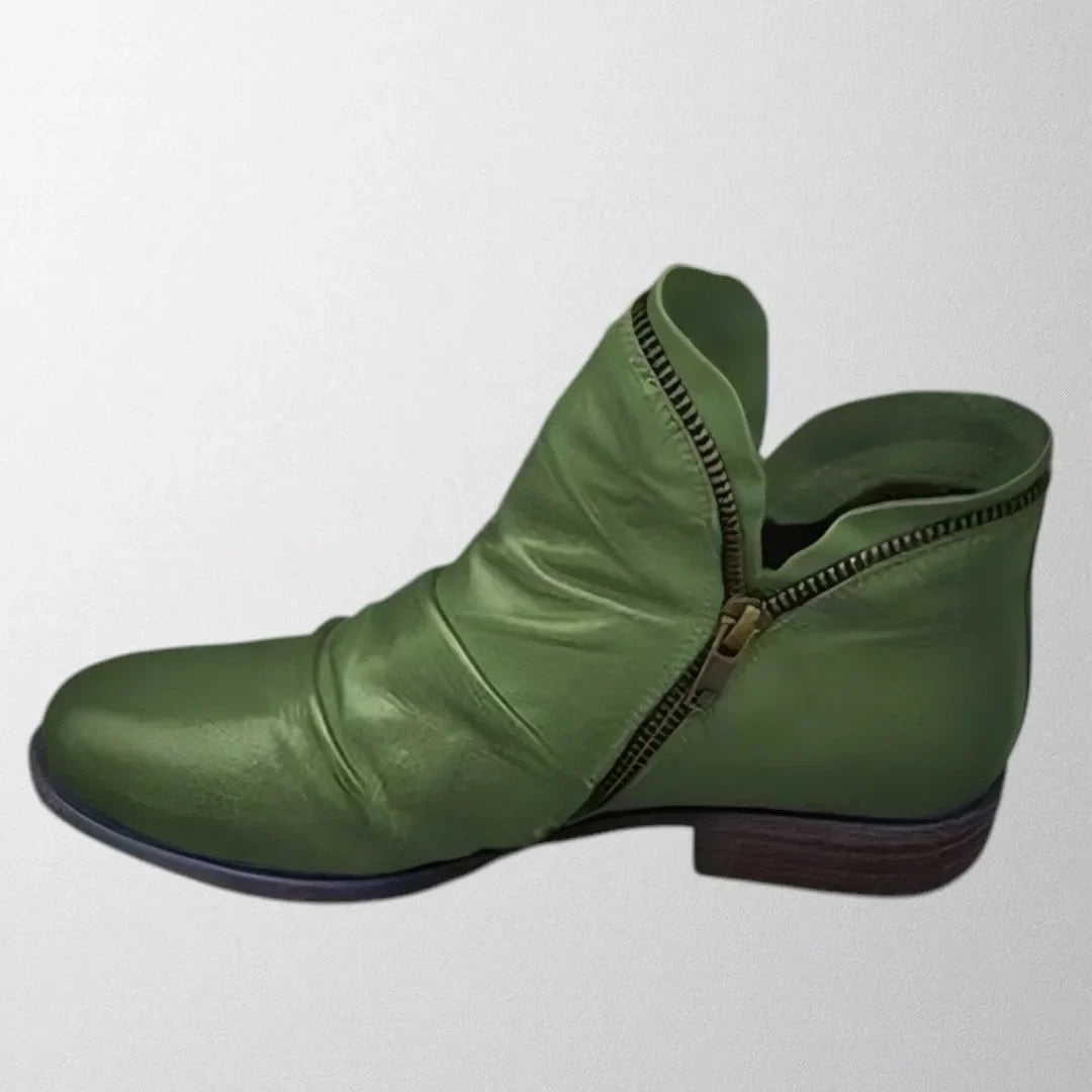 Women's faux leather side zip orthopedic ankle boots with ruched shaft