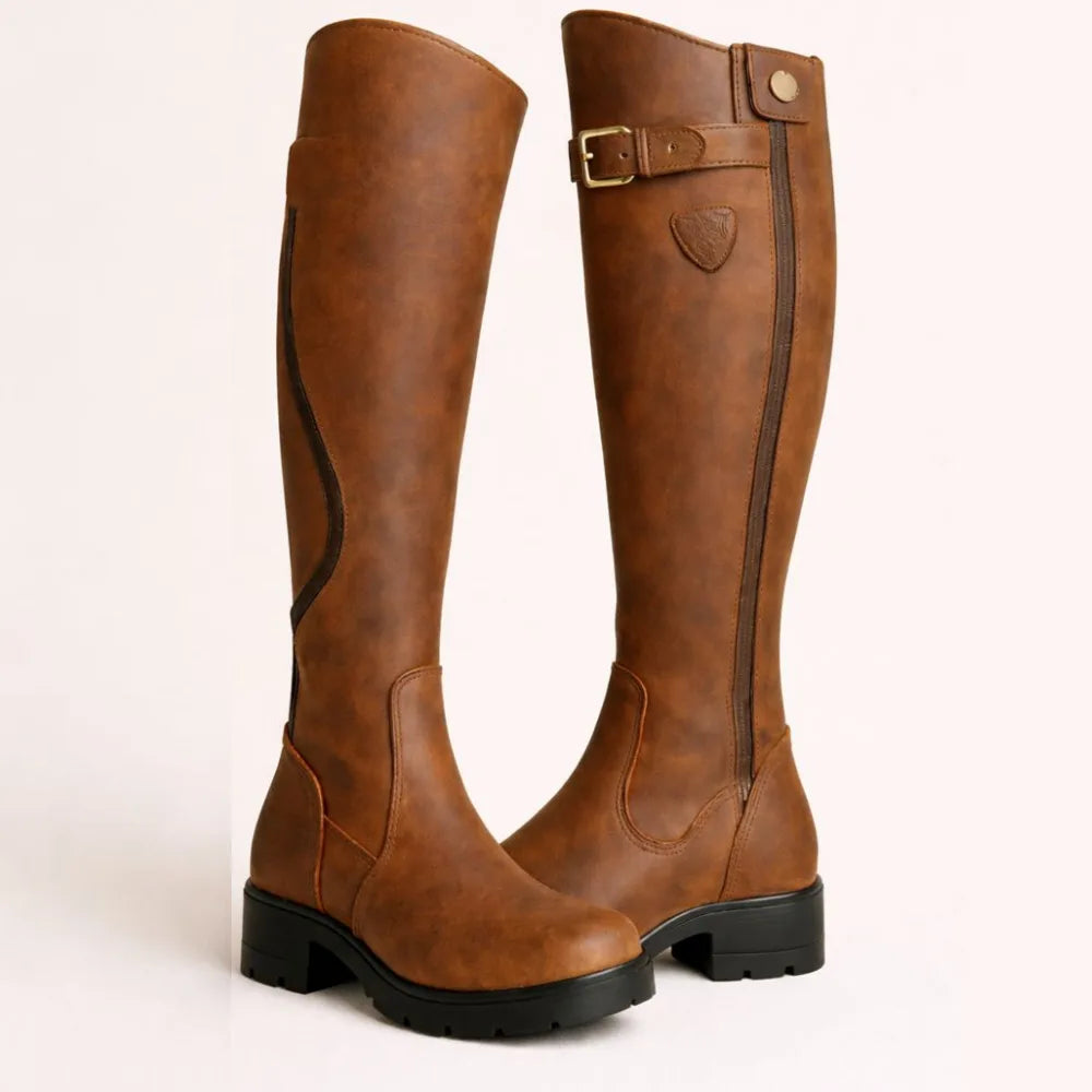 Women's faux leather side zip waterproof knee high boots with buckle strap