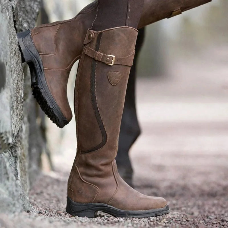 Women's faux leather side zip waterproof knee high boots with buckle strap