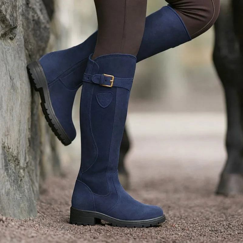 Women's faux leather side zip waterproof knee high boots with buckle strap