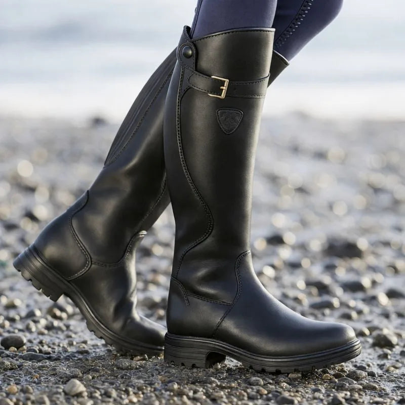 Women's faux leather side zip waterproof knee high boots with buckle strap