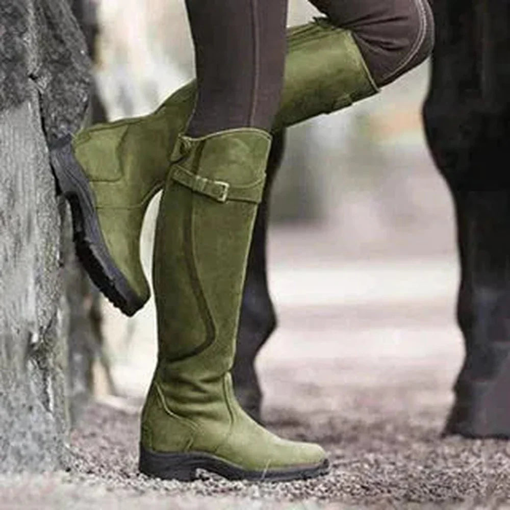 Women's faux leather side zip waterproof knee high boots with buckle strap
