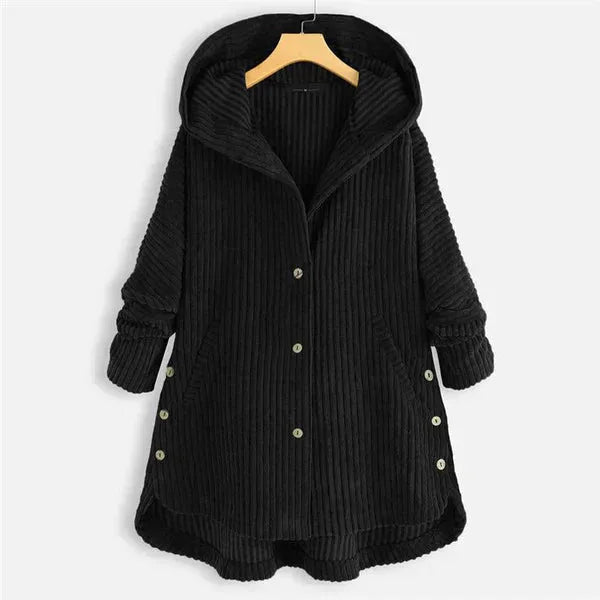 Women's fleece button-front hooded cardigan with high-low hem