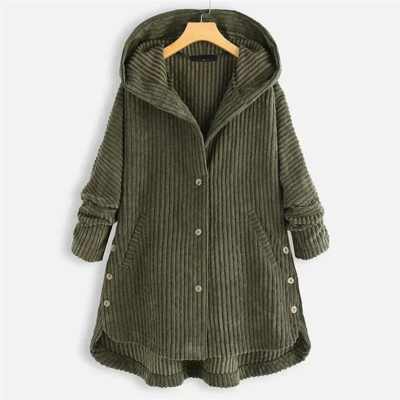 Women's fleece button-front hooded cardigan with high-low hem