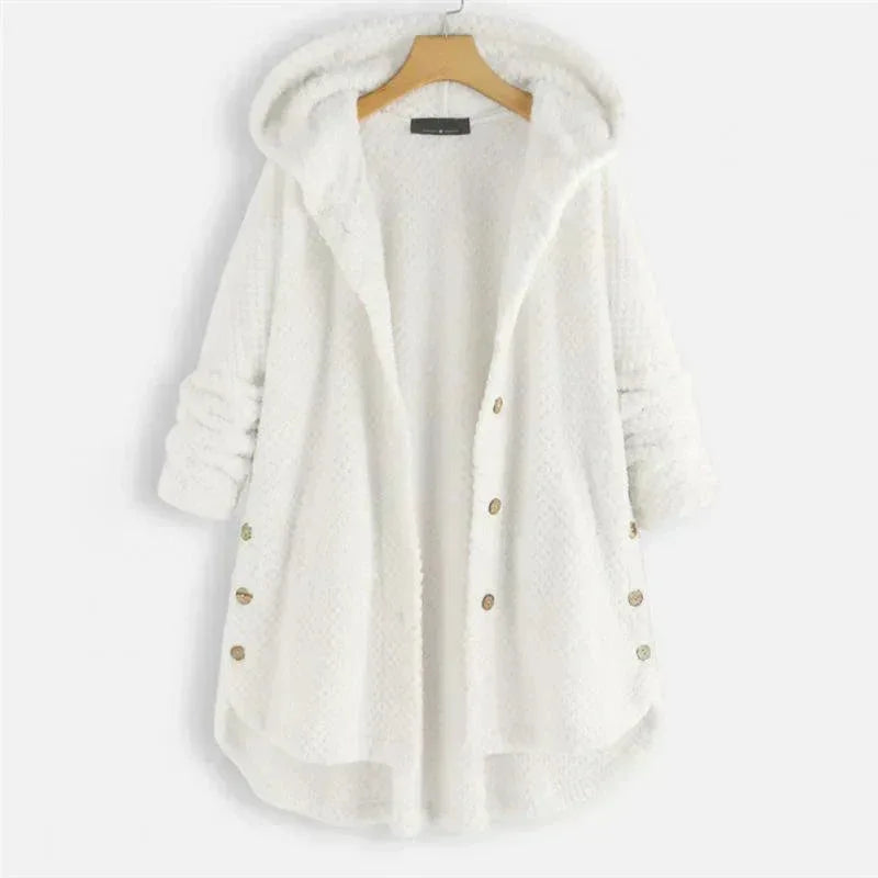 Women's fleece button-front hooded cardigan with high-low hem