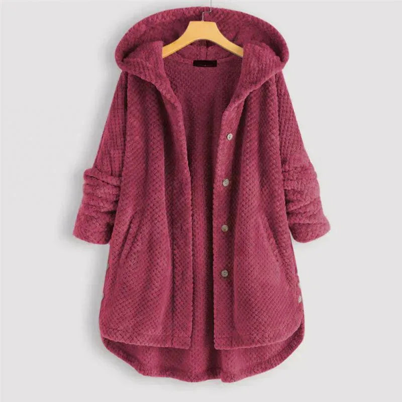 Women's fleece button-front hooded cardigan with high-low hem