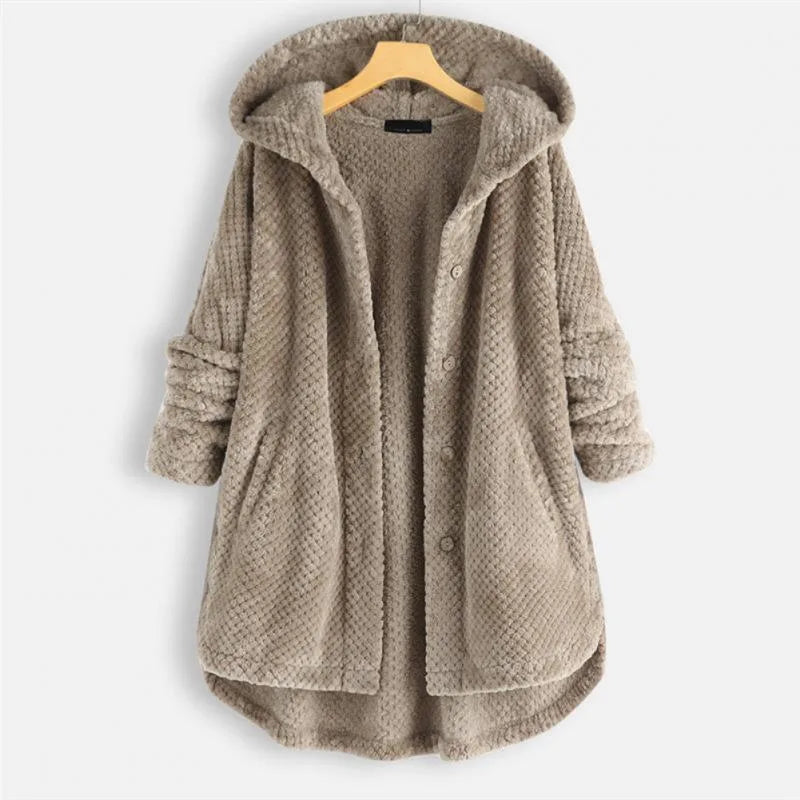 Women's fleece button-front hooded cardigan with high-low hem