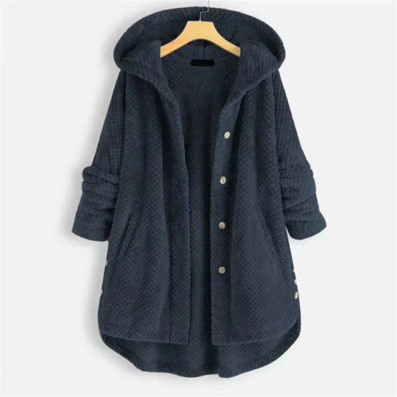 Women's fleece button-front hooded cardigan with high-low hem