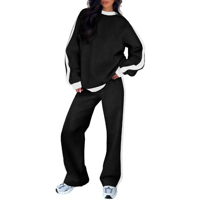 Women's fleece crew neck two piece set with contrast side stripes