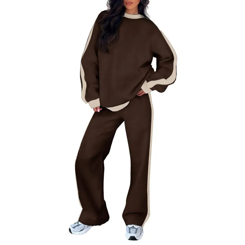 Women's fleece crew neck two piece set with contrast side stripes
