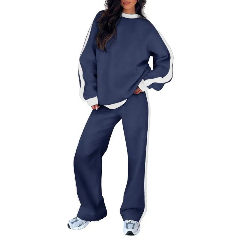 Women's fleece crew neck two piece set with contrast side stripes