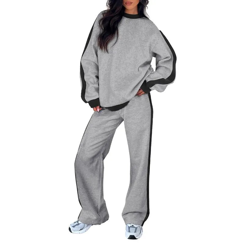 Women's fleece crew neck two piece set with contrast side stripes
