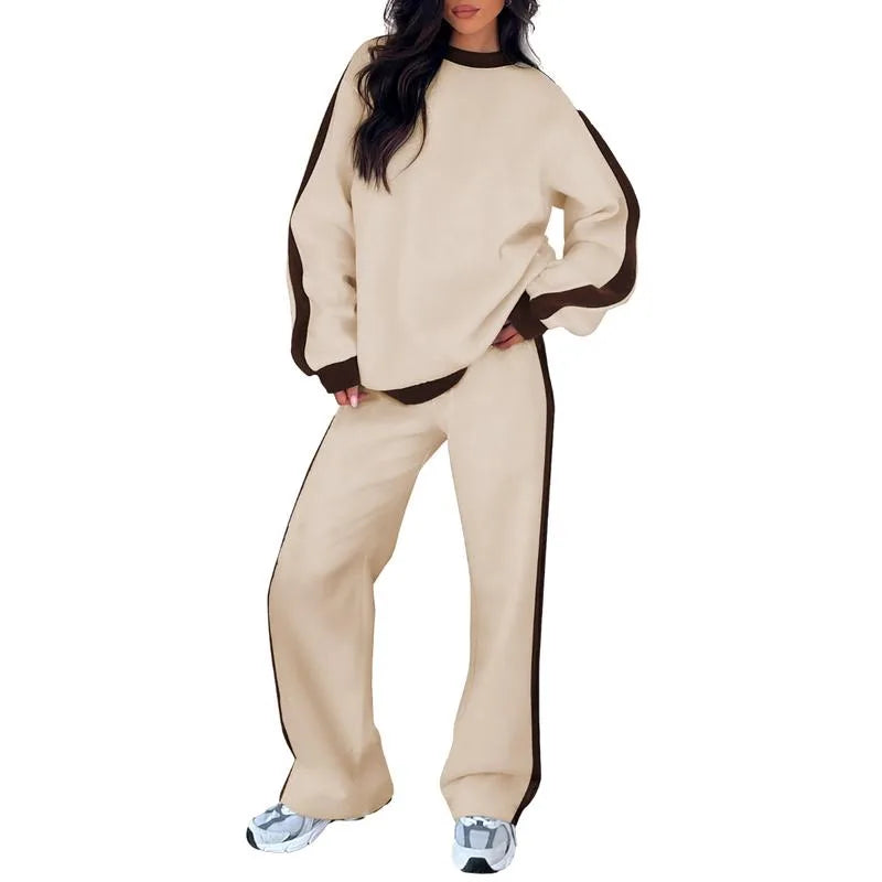 Women's fleece crew neck two piece set with contrast side stripes