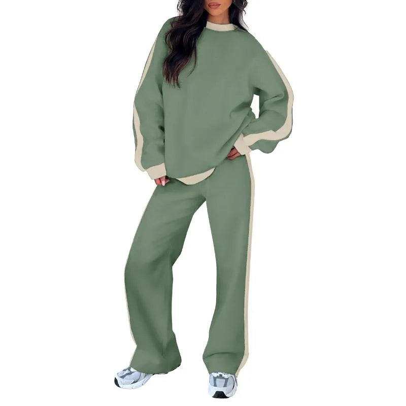 Women's fleece crew neck two piece set with contrast side stripes