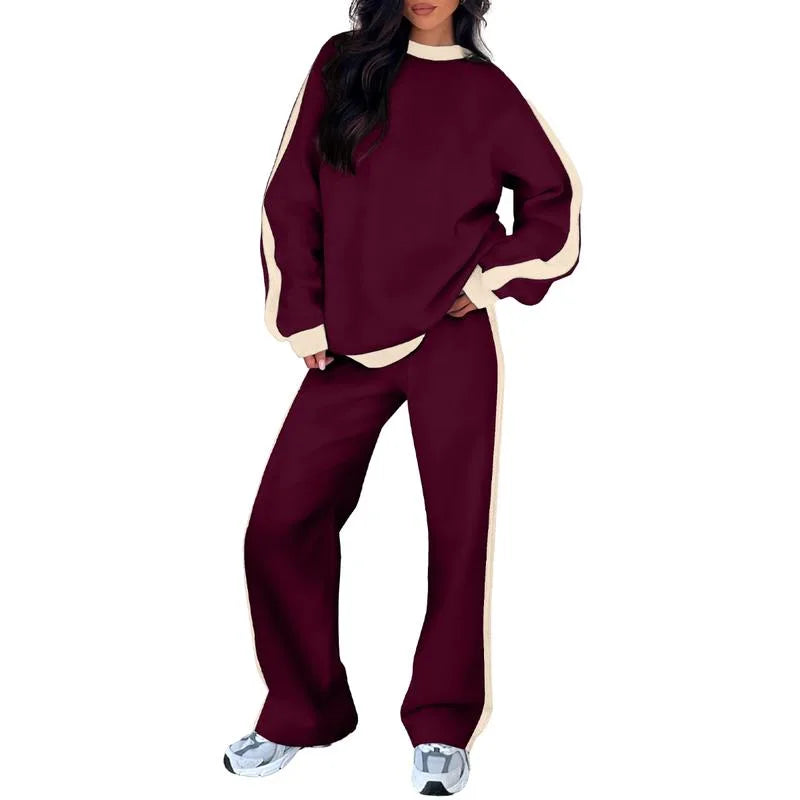 Women's fleece crew neck two piece set with contrast side stripes