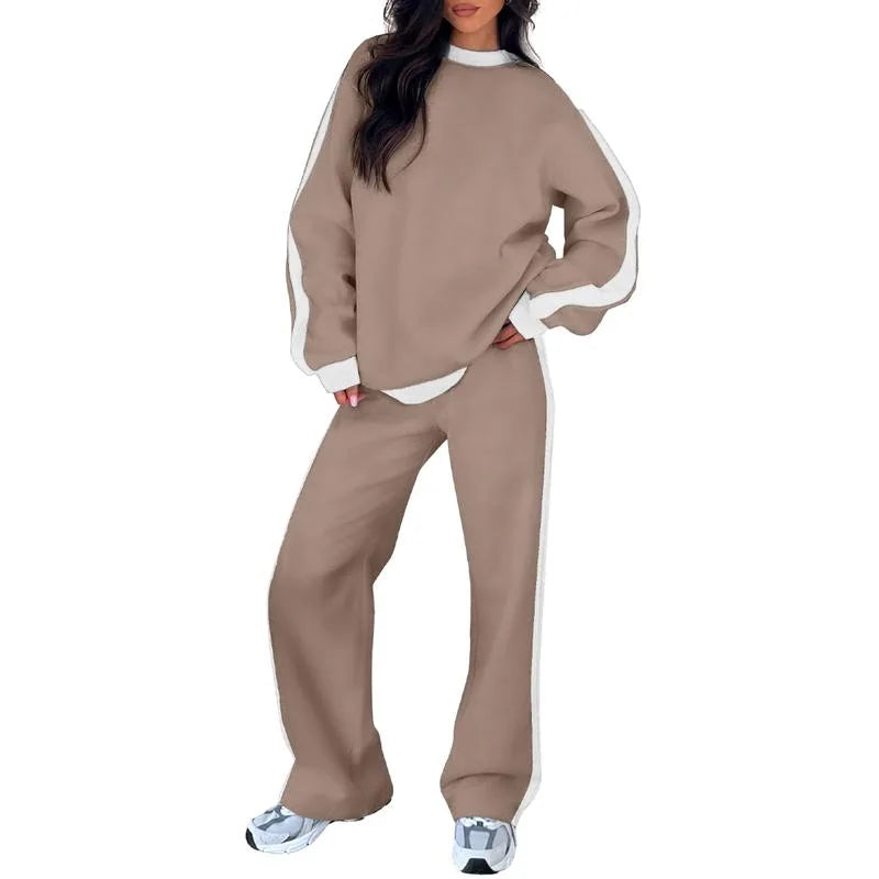 Women's fleece crew neck two piece set with contrast side stripes