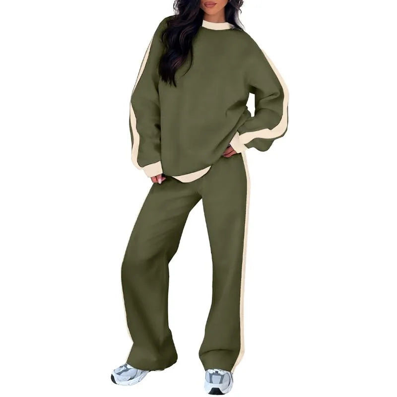 Women's fleece crew neck two piece set with contrast side stripes
