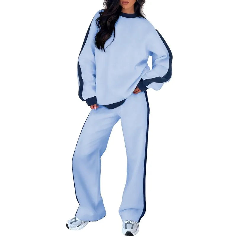 Women's fleece crew neck two piece set with contrast side stripes