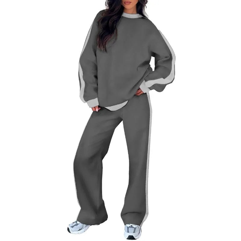 Women's fleece crew neck two piece set with contrast side stripes