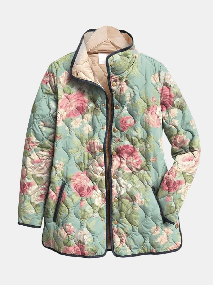 Women's floral button-front stand collar quilted jacket in light blue
