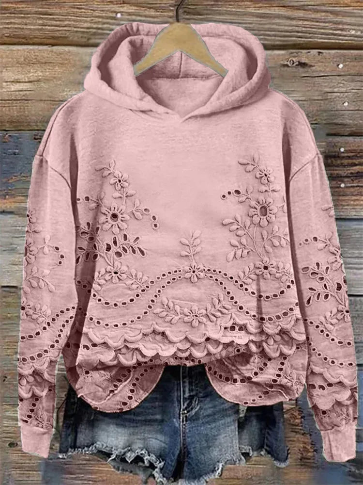 Women's floral cotton hoodie with eyelet lace cut-outs