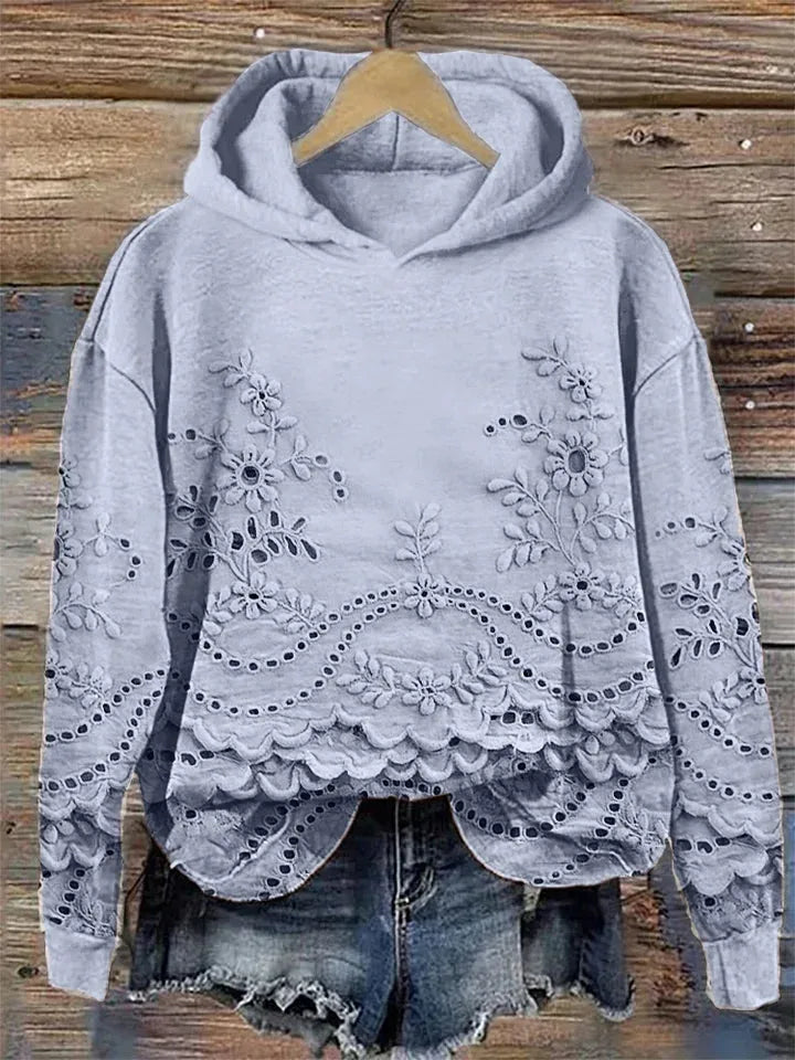 Women's floral cotton hoodie with eyelet lace cut-outs
