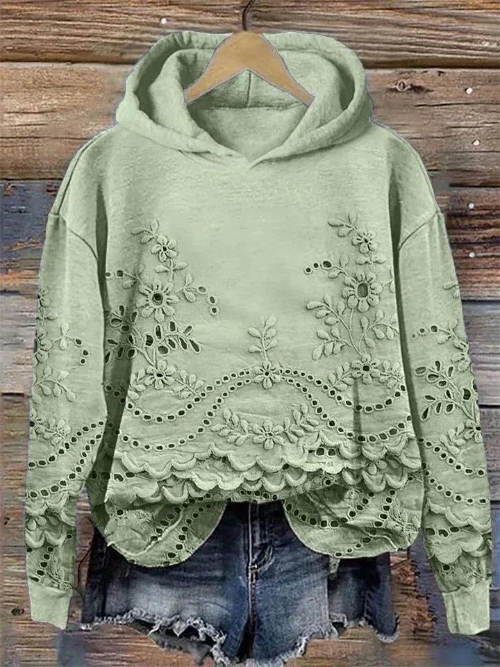 Women's floral cotton hoodie with eyelet lace cut-outs